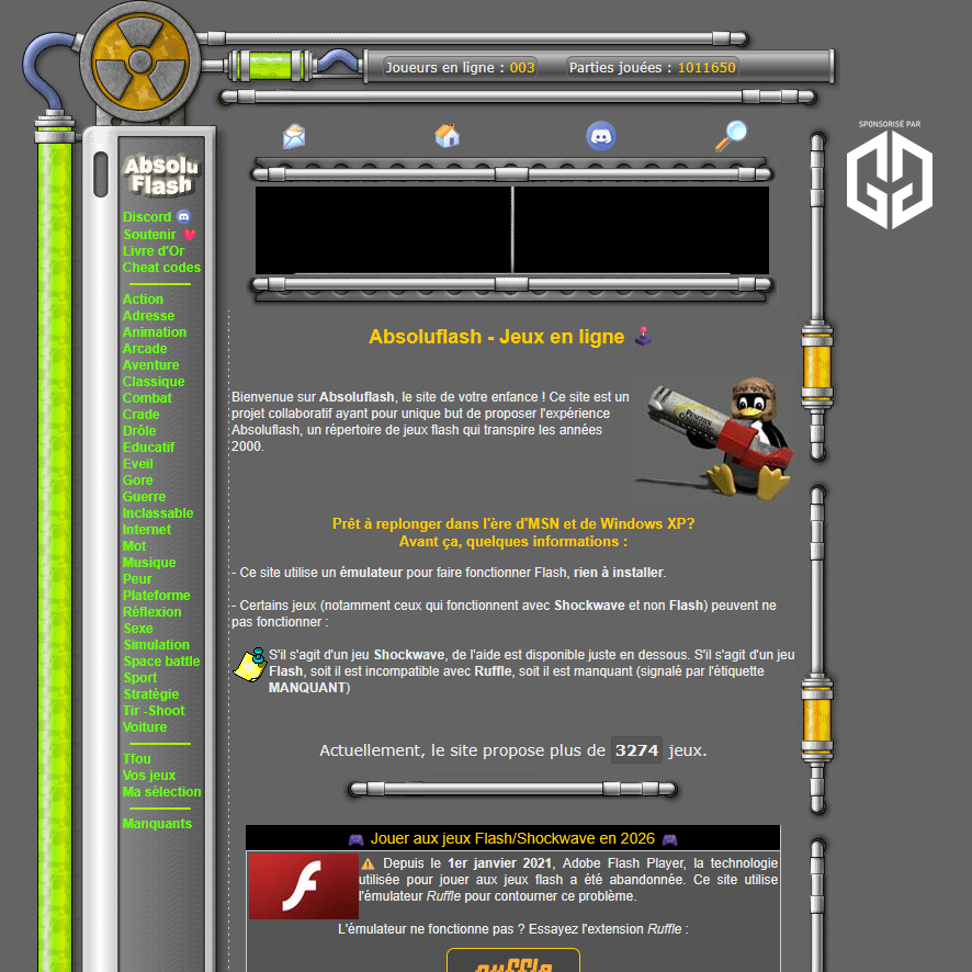 Interface Absoluflash montrant la plateforme de jeux