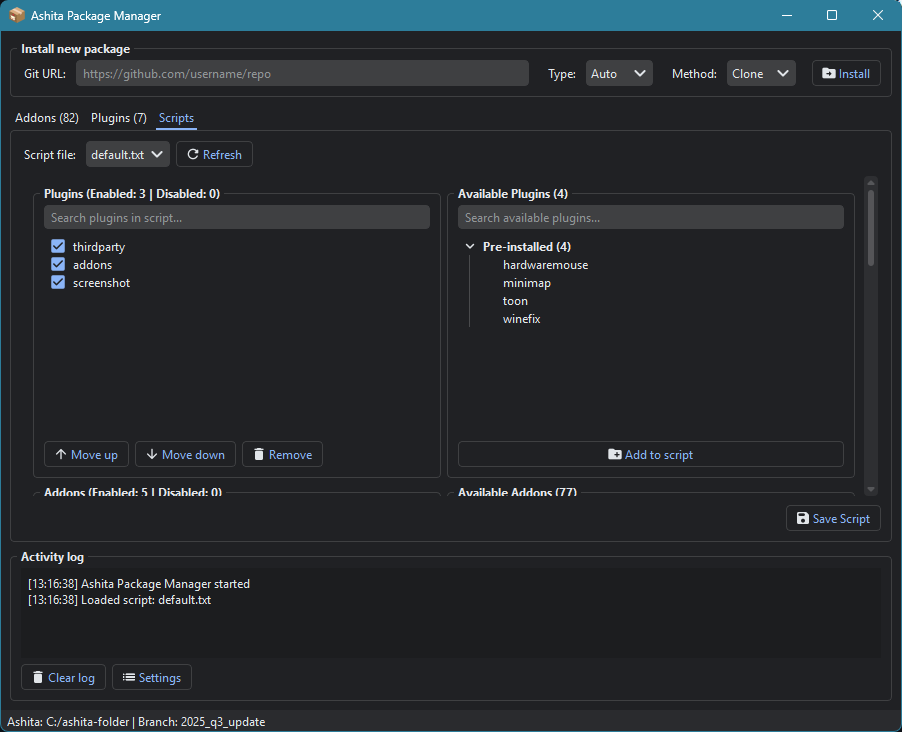 Interface graphique d'Ashita Manager