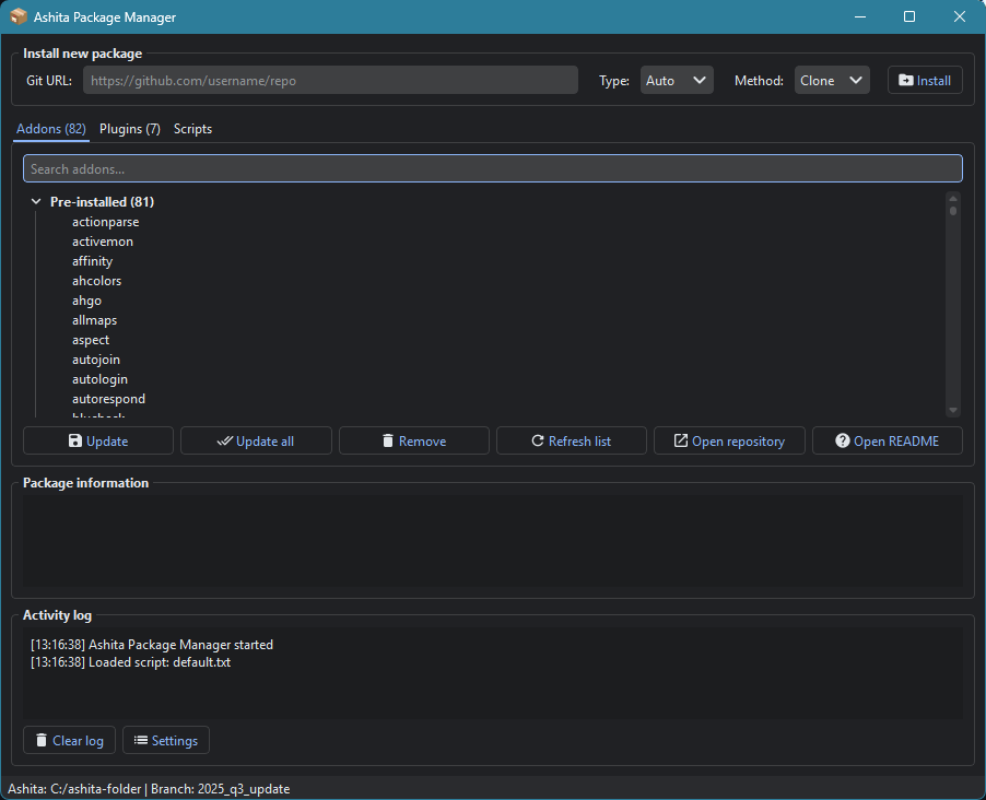 Interface graphique d'Ashita Manager 2